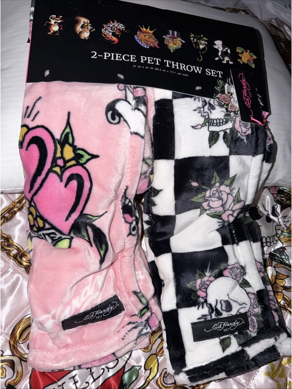 Ed Hardy 2pc Pet Throw Set Pink & Black White Checkered 27x44 Each NWT